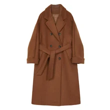 Зимнее женское пальто Свободное длинное стильное двубортное стильное шерстяное пальто на шнуровке