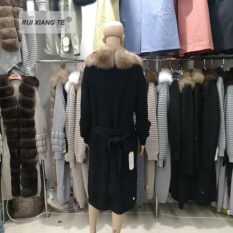RuiXiangTe/женское пальто из натурального меха; шерстяное вязаное пальто с лисьим воротником; зимняя куртка из натурального Лисьего меха; зимнее длинное пальто