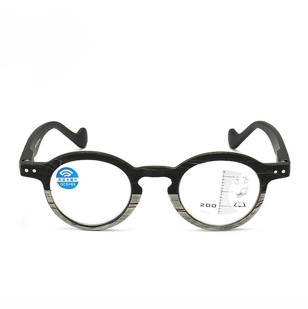 

Progressive Multifocus Reading Glasses See Near and Far Women Men Ultralight Wooden frame round Anti Blu Ray 1 2 3 to 4