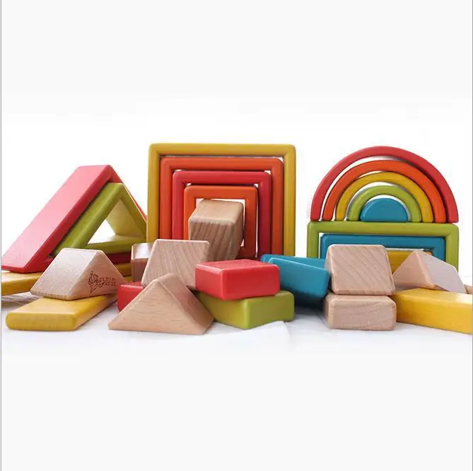 

Wooden Box Funny Rainbow Color Building Blocks Import Building Blocks Large Pieces Solid Wood Children Baby Educational Creative