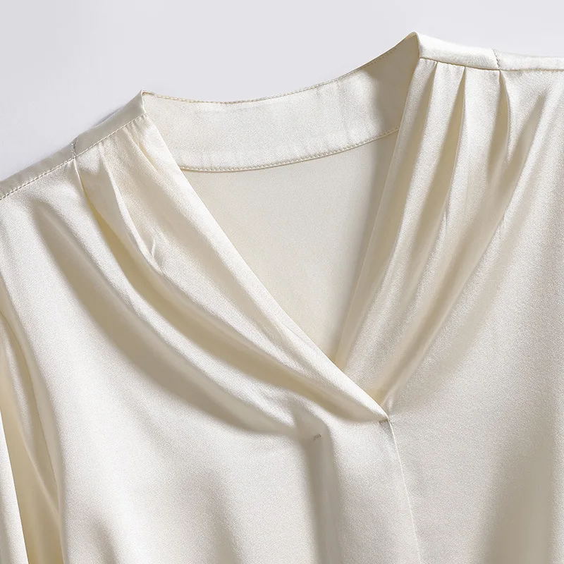 CISULI100%Silk Strech Satin Shirt Women White Shirt Long Sleeve Plus Size White blouse New Desigual V-Neck Roupa Feminina Autumn