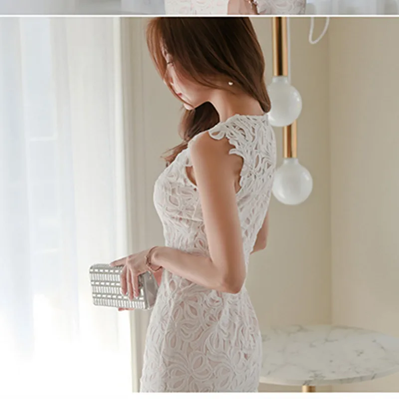 Модное белое женское элегантное кружевное платье без рукавов с вырезами, вечернее платье для ночного клуба