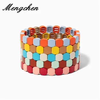 

New Design Rainbow Bracelet Enamel Tile Bracelets Bohemian Women Multicolor Jewelry Stackable Stretch Bangles Handmade
