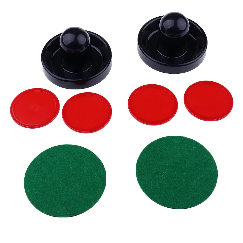 Two Air Hockey Felt Pushers Strikers Goalies Plus Four Pucks Set Three Sizes Red Dark Blue