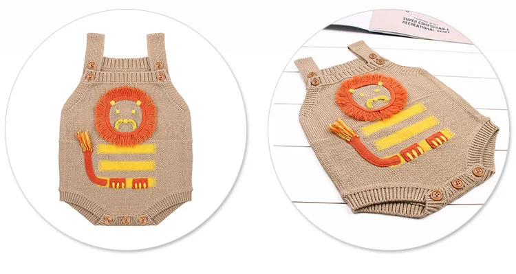 Детский комбинезон с милым рисунком льва, детский комбинезон, комбинезон с милыми животными для мальчиков и девочек, детская вязаная одежда для малышей