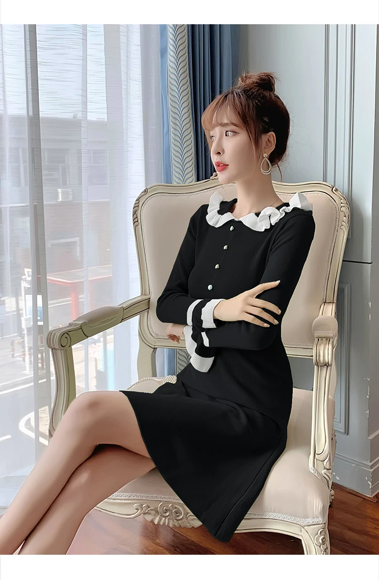 Jielur Langarm Gestrickte Kleid Warme Puppe Kragen Elegante Frauen Herbst Winter Mode Schlank Süße Schwarz Grün Pullover Kleider – Detail 4
