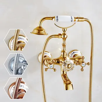 

Luxury Shiny Gold Shower Faucet Wall Mount Hand Shower System Solid Brass Shower Head Set Rain Bath Shower ducha de chuveiro