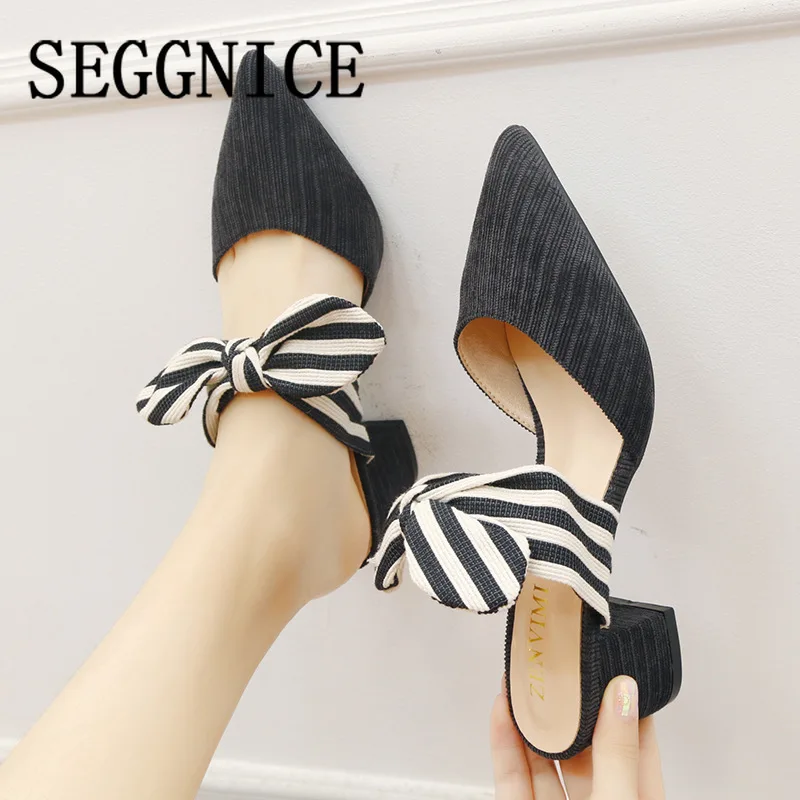

2020 Women Lace Up Slippers Pointed Toe Butterfly Knot Fashion Women' Sandlas Low Heels Stripe Spring Shoes Casual Cute Woman