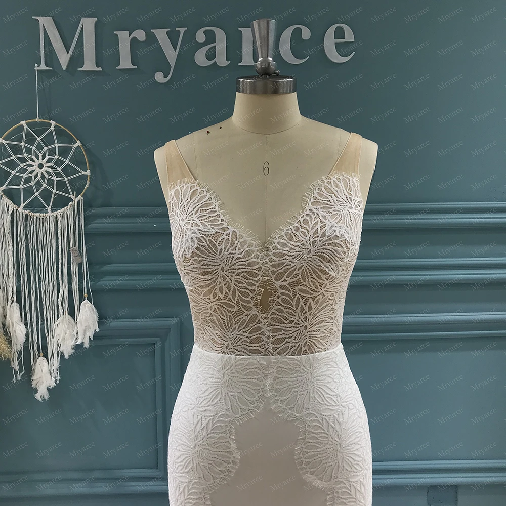 Mryarce Sexy Plunging V Neck Sleeveless Lace Stretch Crepe Wedding Dress Open Back Bridal Gowns dresses for wedding