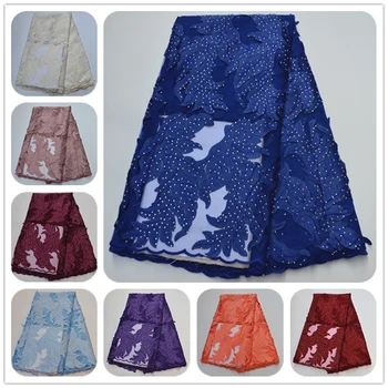 

Newest Royal Blue Design African Net Lace Fabrics 5 Yards/pcs Nigerian Lace Fabrics With Embroidery And Stones For Prom dress