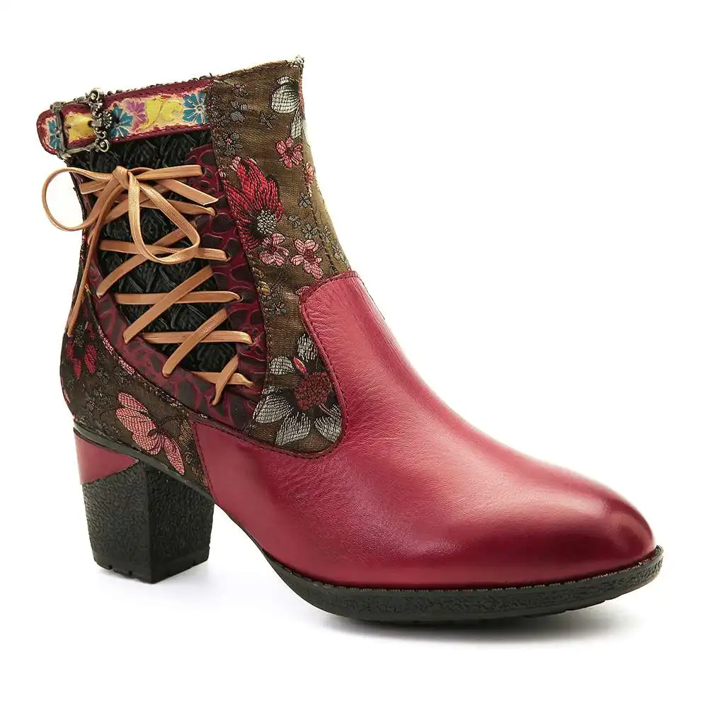 SOCOFY/ботинки в стиле ретро; мягкие Ботильоны на молнии со шнуровкой и цветочным принтом; элегантная обувь; женская обувь; Botines Mujer; Новинка года