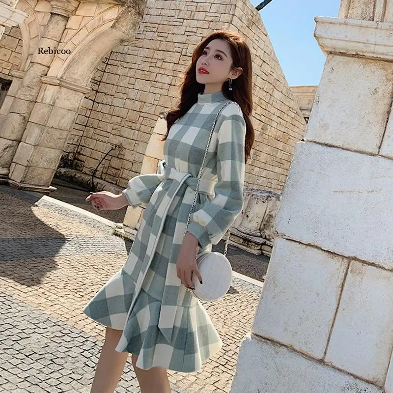 

Платье женское, с высоким воротником, в клетку, для осени и зимы