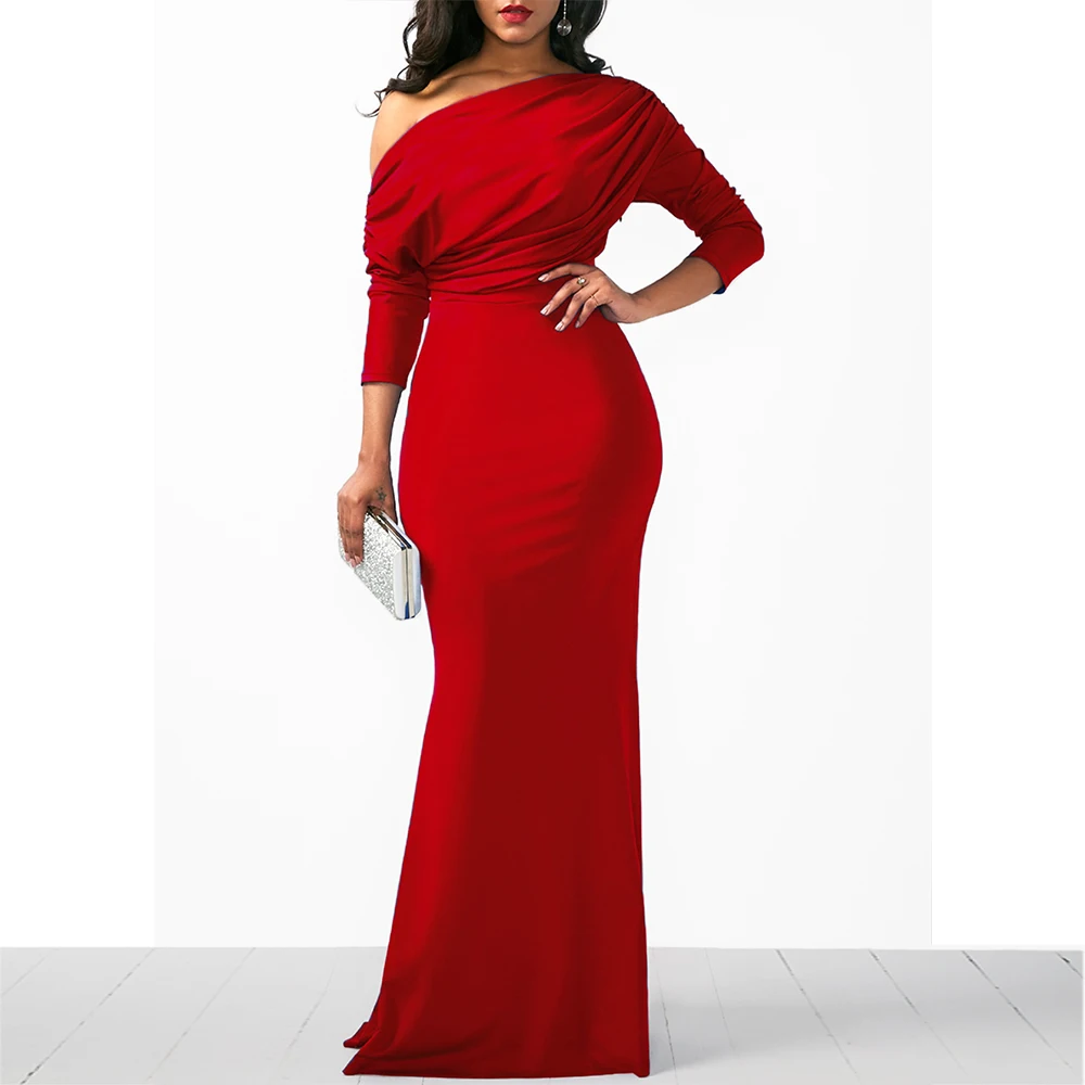 Vestido de noche largo con pliegues oblicuos para mujer, elegante, largo hasta el suelo, para fiesta