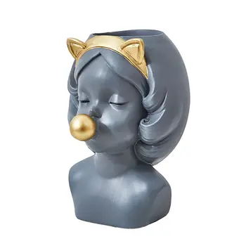 

1PC Lovely Girl Figurine Succulents Flowerpot Resin Desktop Basin Ornament Planter Decor for Home Garden Landscape (Grey)