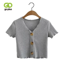 GOPLUS Sexy Buttons T Shirt Women Crop Top Ladies Summer Short Tee Shirt Striped V Neck Short Sleeve Crop Basic T-shirts C7577