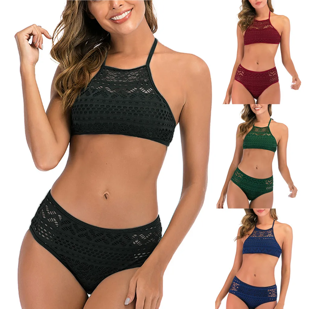 Black Mesh Crop Tops Bikini Solid High Neck Swimsuit Halter Bikinis Strappy Swimwear Sexy Brazilian Biquini 20Feb06 |