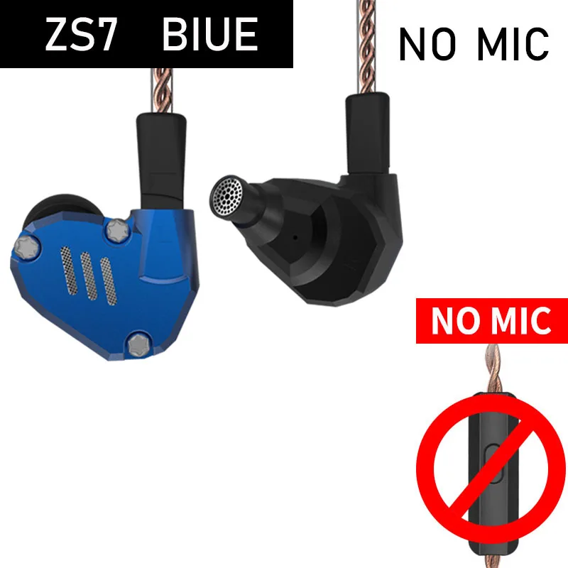 blue no mic Памятное издание KZ ZS7 4BA+ 1DD гибридные наушники в ухо HIFI наушники бас гарнитура DJ монитор наушники KZ ZS6 AS10 ZST - Цвет: blue no mic