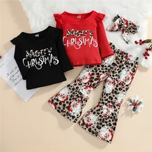 

Toddler Baby Girl Clothes Set 2021 Christmas Fashion Letter Print Top + Leopard Long Pants 2Pcs Suit Autumn New Kids Clothes