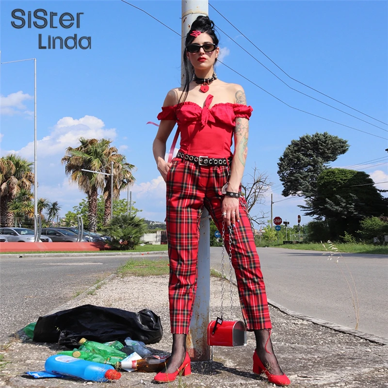 Sisterlinda женские осенние красные клетчатые повседневные штаны с высокой талией на молнии, новые модные прямые брюки, женские брюки