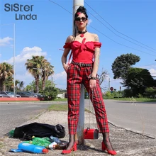 Sisterlinda женские осенние красные клетчатые повседневные штаны с высокой талией на молнии, новые модные прямые брюки, женские брюки