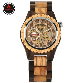 

REDFIRE Mechanical Wood Watch Men's Wooden Clock Automatic Self Winding Skeleton Mens Watch Creative New Fashion Wooden Watches
