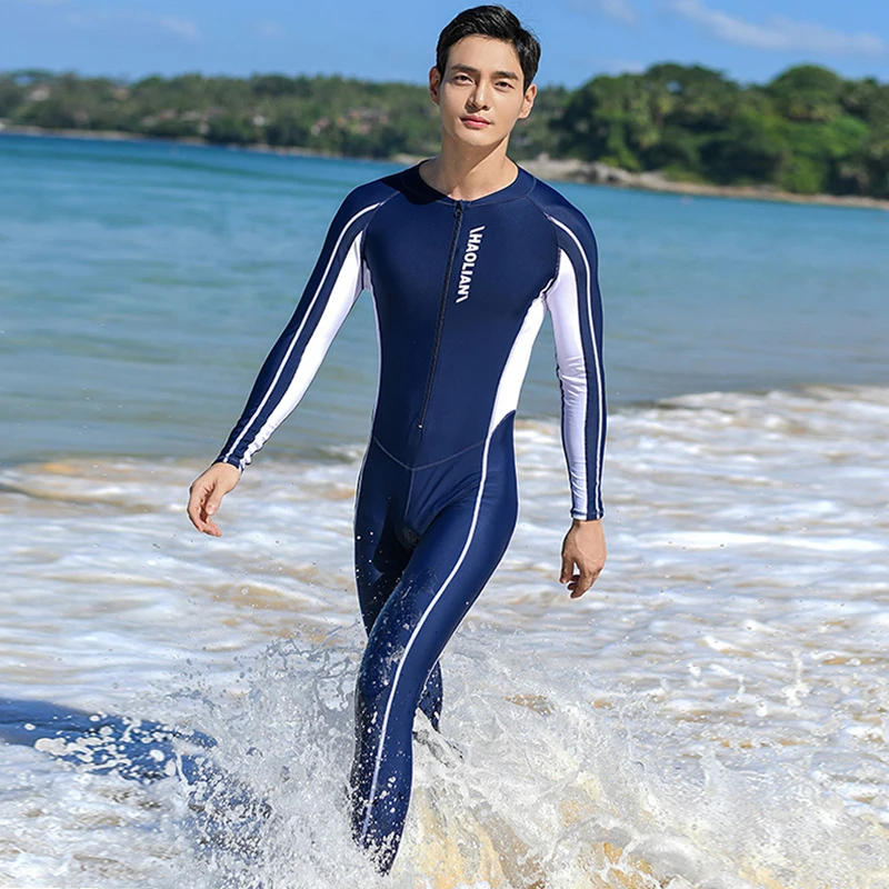 Long Sleeve Rash Guard Men Front Zipper One Piece Wetsuit Swimming Diving Suit Snorkeling Surfing Swimwear Beach Wear Body Suits