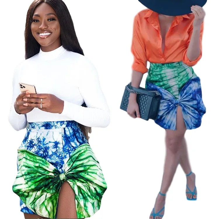 

Women's Tie-Dye Printed Skirt 2020 Summer Lady's Fashion Contrast Color High Waist Mini Skirt With Bowknot For Nightclub Party