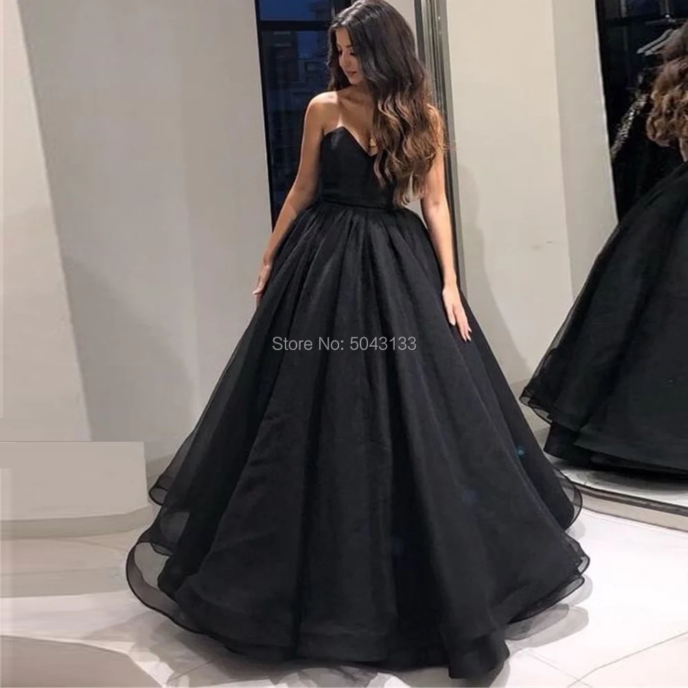 

Simple Black Tulle Long Evening Dresses Sweetheart A Line Floor Length Prom Gown 2020 High Quality Wedding Party Dress for Women