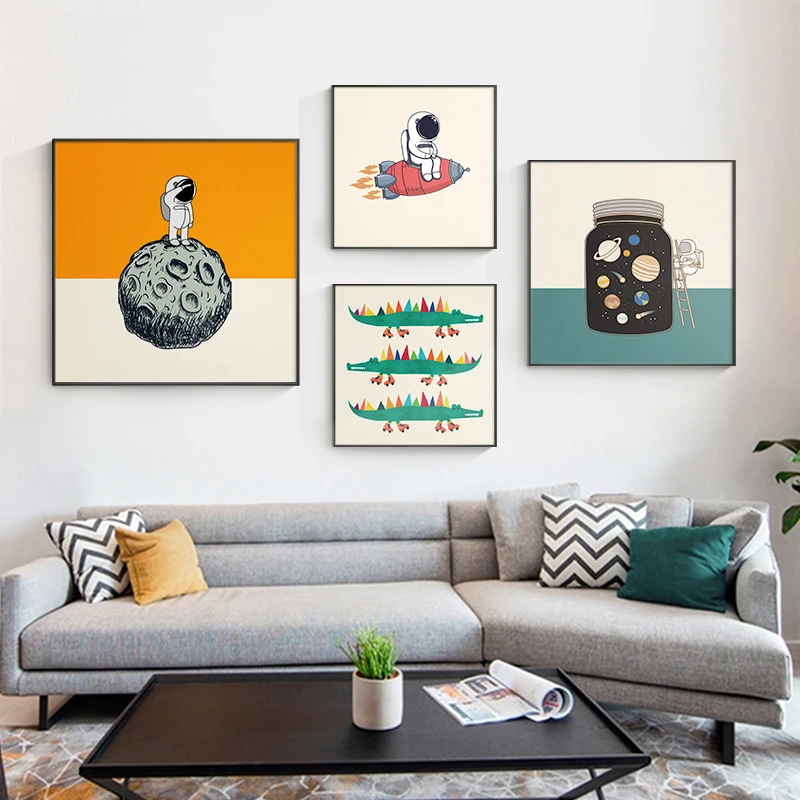 

Мультяшные астронавты живопись Луна искусство на стене Холст Плакаты принты ракета искусство на холсте гостиная дети спальня детская домашний декор