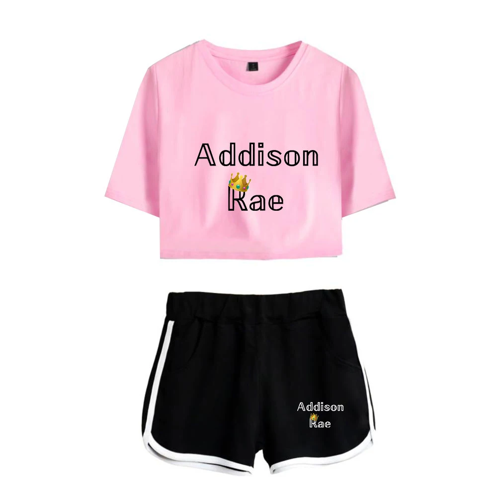 Conjunto de dos piezas para mujer, camiseta rosa con ombligo descubierto y pantalones cortos negros, nuevo estampado de Addison Rae