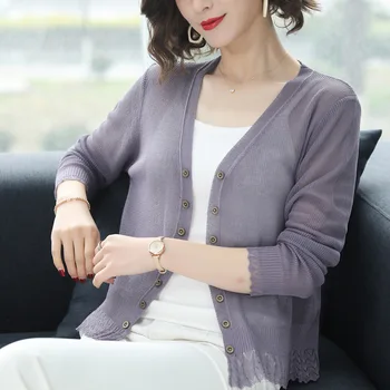 

New ladies solid color short-sleeved long-sleeved knitted cardigan button sunscreen 2020