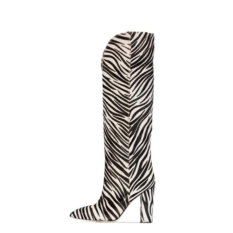 

Stylesowner Stripe Zebra Printing Knee High Boots Women Horse Hair Pointed Toe High Heels Shoes Ladies Thick Heel Botines