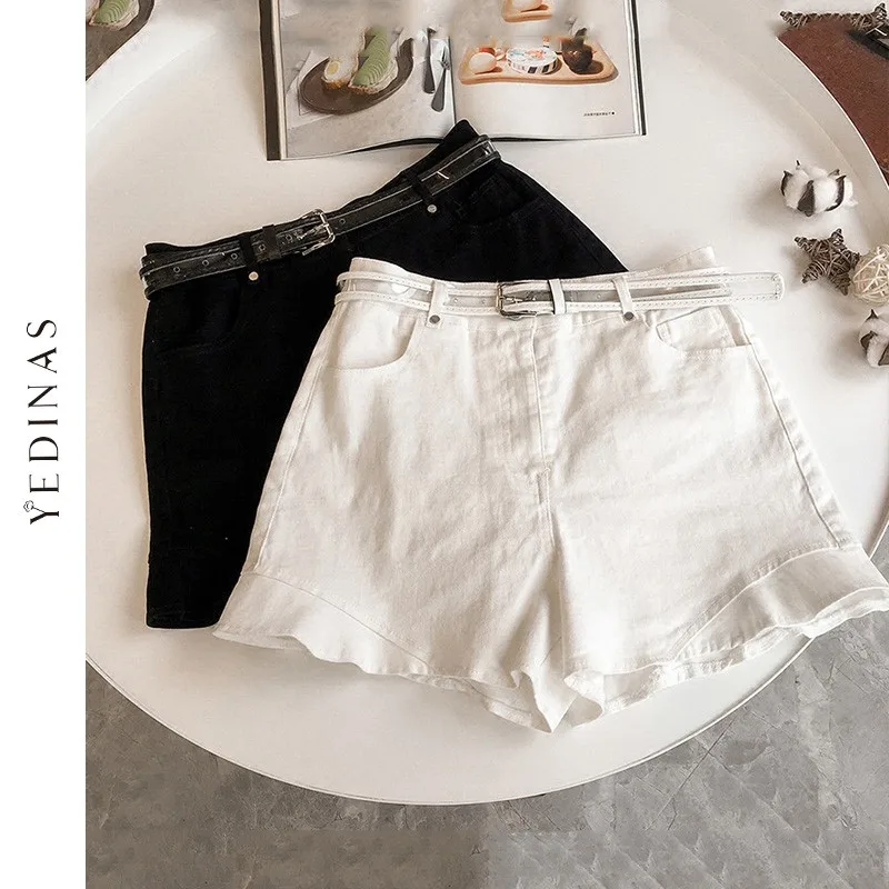 

Yedinas 2021 Streetwear High Waist Women Shorts With Belt Summer Casual Female Wide Leg Short Jeans Ruffles Black Shorts Denim