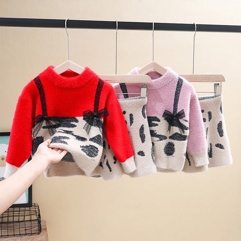 New winter girl A word skirt 2pcs suit children imitated mink sweater leopard two-piece sets