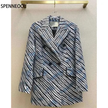 

SPENNEOOY Designer Brand Autumn Fashion Office Lady Blazer Coat Women Long Sleeve Stripe Print Double Breasted Overcoat Outwear