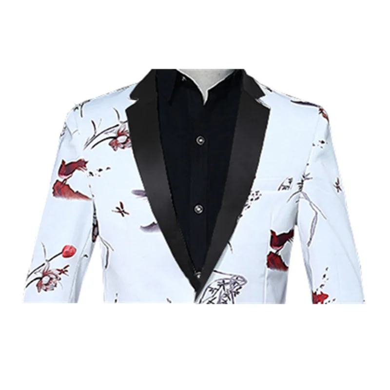 Fashion men 2 piece suit set(coat+ pant) Pisces printing black satin collar lapel dance cocktail party casual men's white suit