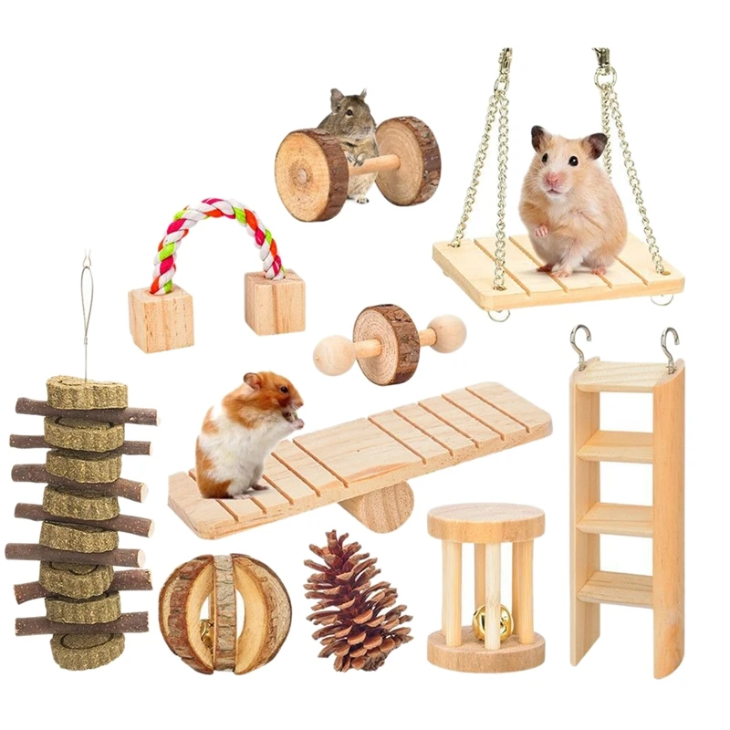 kathson 10 Pcs Hamsters Chew Toys Natural Wooden Gerbil Rats Chinchillas Toy Accessories DIY Rainbow Bridge with PVC Seesaw Sport Exercise Toys for Ball Pine Cone Teeth Care Molar Grass Radish