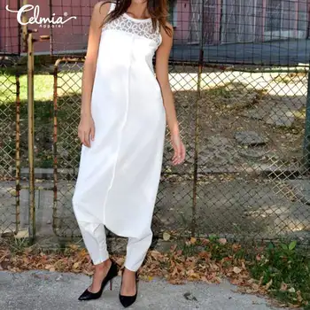 

Celmia 2020 Fashion Sexy Drop Crotch Jumpsuits Women Sleeveless Vintage Harem Pants Lace Playsuits Trousers Plus Size Overalls