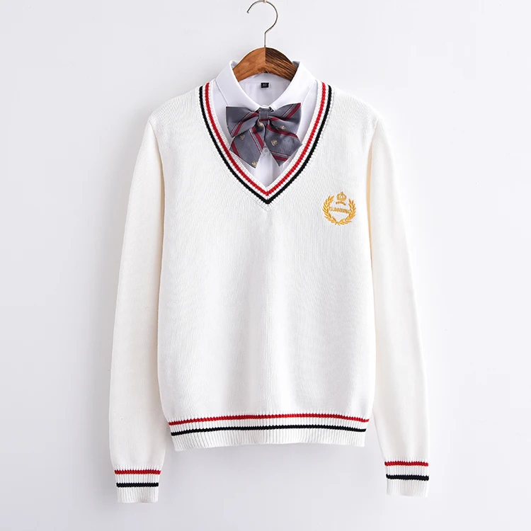 Only White Sweater Свитер с длинными рукавами на осень и зиму, с вышивкой короны, для девочек, с v-образным вырезом, свободный, плюс размер, JK, Униформа, хлопковый пуловер, топы в школьном стиле - Цвет: Only White Sweater