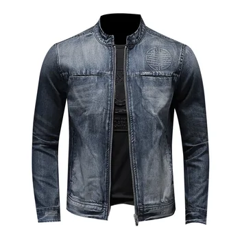 

Mens Stand Collar Denim Jacket Spring Autumn Motorcycle Jeans Jacket Zipper Casual Biker Coat For Men S-3XL