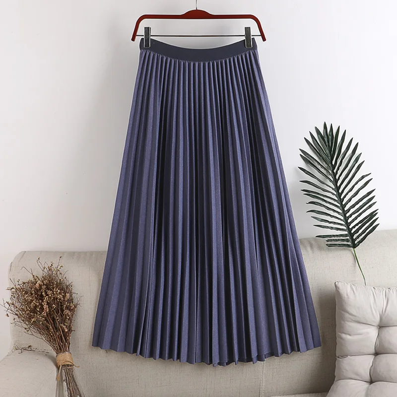

Women Fashion Knitted Skirts High Waist Pleated Woman Skirt Autumn Winter Ladies Casual Stretchy Thickening Midi Skirts Faldas