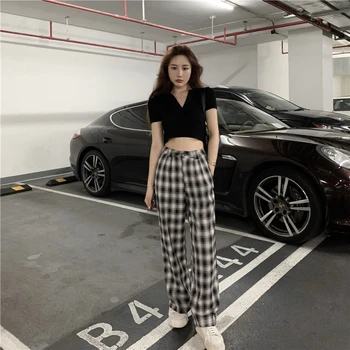 

SML 2020 korean style vintage black white plaid straight trouser female spring Long pants womens (R98214)