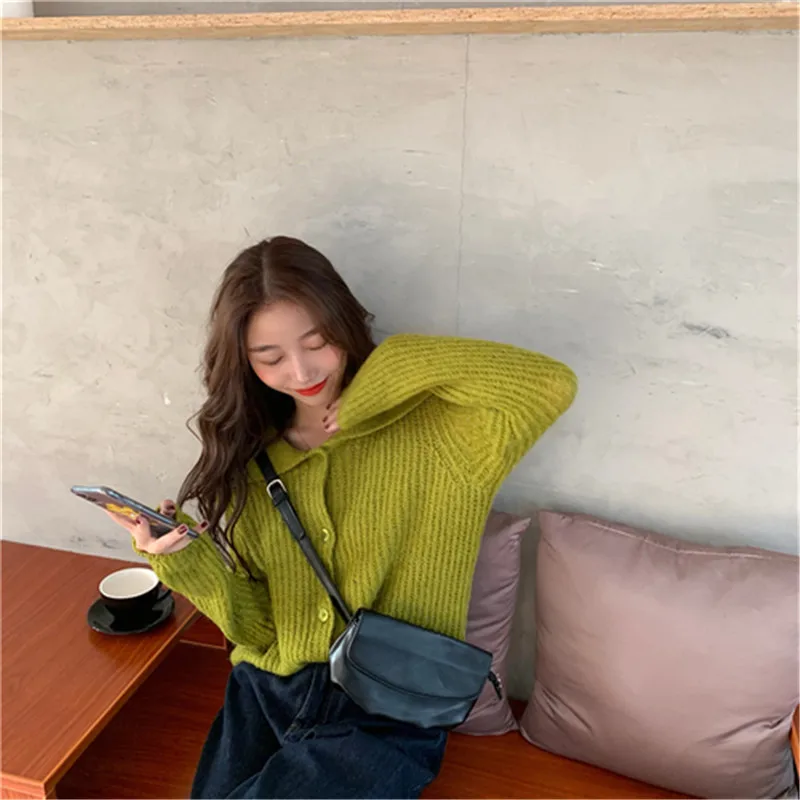 RUGOD Korean New Style Chic Middy Collar Solid Color Knitted Cardigan Long-sleeve Loose Sweater Winter Tops For Women Fashion