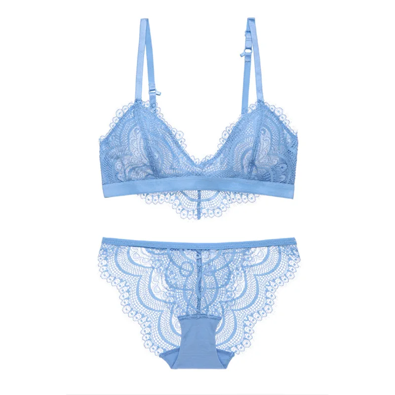 

2020 French Triangle Cup Sexy Eyelash Lace Underwear No Steel Ring Ultra-Thin Beautiful Back Plus Size Black Blue Bra Set