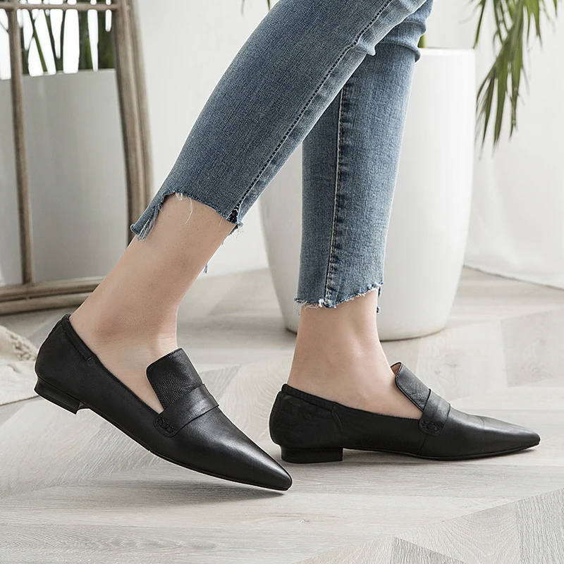 Luxury brand point toe shoes woman genuine leather loafers casual flat shoes women zapatos de mujer