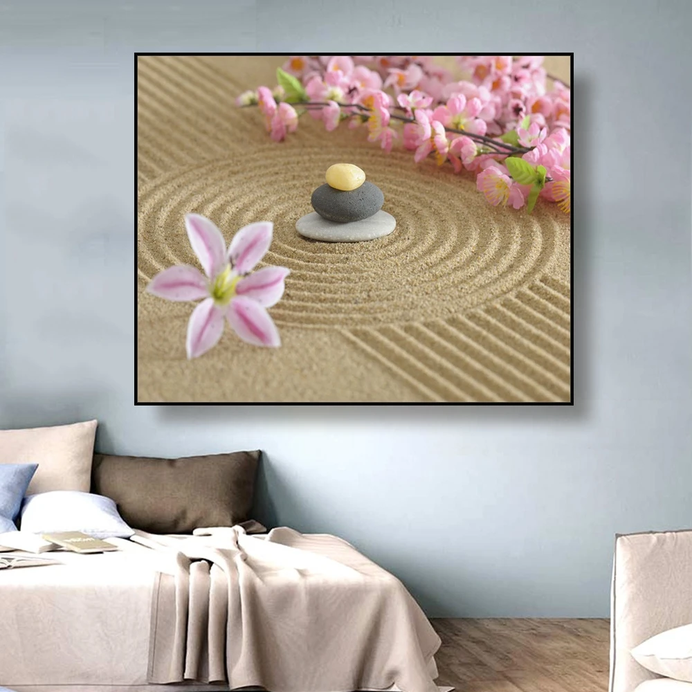 Canvas Art Painting Flowers and stacked stones on fine sand Art Poster Picture Wall Decor Home Decoration For Living room Canvas Art Painting Flowers and stacked stones on fine sand Art Poster Picture Wall Decor Home Decoration For Living room