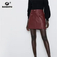 Кожаная юбка ROHOPO с боковыми отворотами, вельветовые, с карманами, цвет бордовый, черный, расклешенные юбки, золотые пуговицы, Осенние, однотонные, мини-женские, Falda#1954