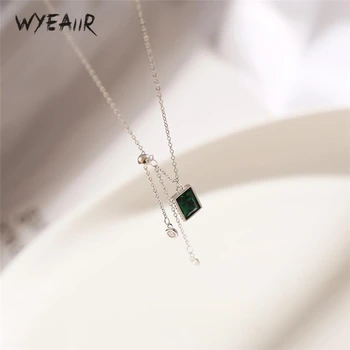 

WYEAIIR Green Crystal Square Retro Simple Personality 925 Sterling Silver Female Necklace