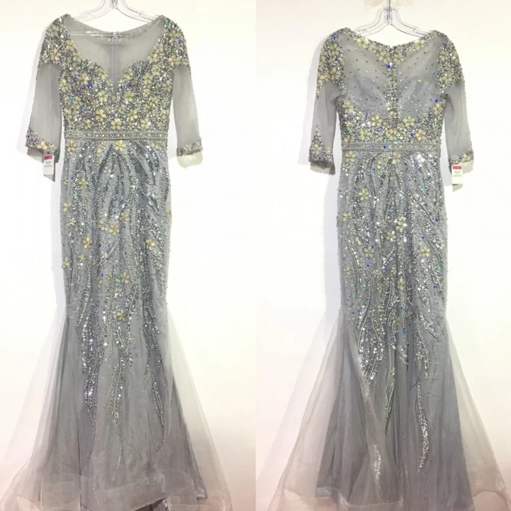 Серое/цвета шампанского с длинным рукавом вечернее платье бисерное вечернее платье для женщин элегантные платья для вечеринки Русалка