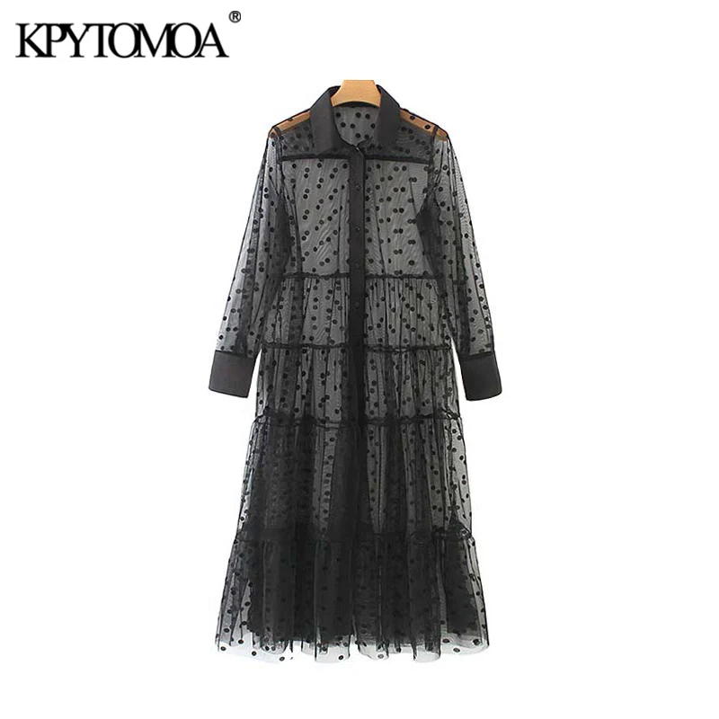 KPYTOMOA Women Sexy Fashion Polka Dot Mesh Midi Dress Vintage Long Sleeve See Through Female Dresses Vestidos Mujer KPYTOMOA Women Sexy Fashion Polka Dot Mesh Midi Dress Vintage Long Sleeve See Through Female Dresses Vestidos Mujer